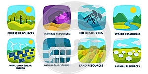 Ecology, natural resources isolated icons, finite or renewable sources photo