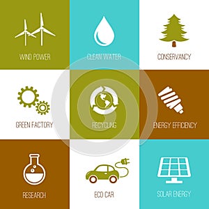 Ecology and nature conservation icons flat designed