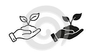 Ecology Organic Seedling Line and Silhouette Icon Set. Growth Eco Tree Environment. Plant in Human Hand Symbol