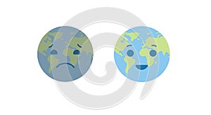 Ecology planet concept. Vector flat logo llustration. Set of happy smiling and sad Earth globe isolated on white. Green and blue