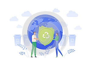 Ecology planet protection concept. Vector flat people llustration. Family couple holding green recycle sign shield on earth globe