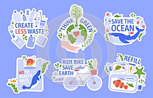 Ecology protecting. Save the environment, zero waste, save the ocean and recycle concept vector illustration icons set