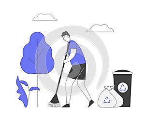 Ecology Protection Concept. Man Volunteer Sweeping Ground in Park Collecting Trash into Bags and Litter Bin