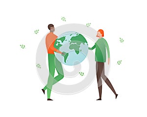 Ecology protection concept. Vector flat person illustration. Female and black male people holding planet earth and green leafs