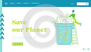 Ecology Protection, Earth Pollution Landing Page Template. Female Character Throw Paper Trash into Recycling Litter Bin