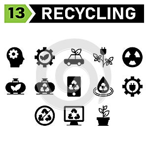 Ecology and Recycle icon set include head, gear, environment, ecology, recycle, leaf, sustainable, car, waste, vehicle, energy,
