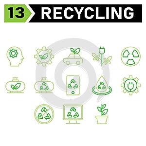 Ecology and Recycle icon set include head, gear, environment, ecology, recycle, leaf, sustainable, car, waste, vehicle, energy,