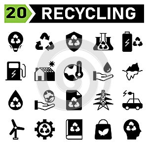 Ecology and Recycle icon set include recycling, waste, material, shield, protect, chemistry, science, battery, charging, station,