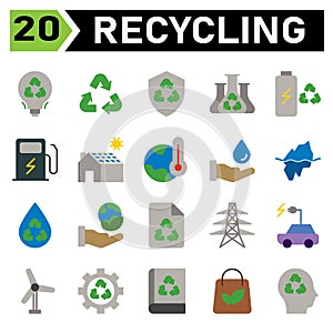 Ecology and Recycle icon set include recycling, waste, material, shield, protect, chemistry, science, battery, charging, station,