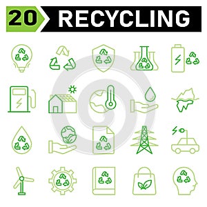 Ecology and Recycle icon set include recycling, waste, material, shield, protect, chemistry, science, battery, charging, station,
