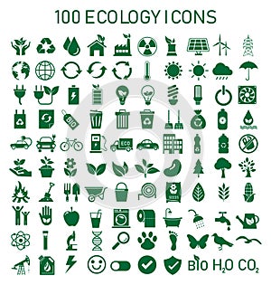 100 ecology recycle icons set on isolated on white background. Environment and sustainable collection sign. Green energy.