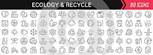 Ecology and recycle linear icons in black. Big UI icons collection in a flat design. Thin outline signs pack. Big set of icons for