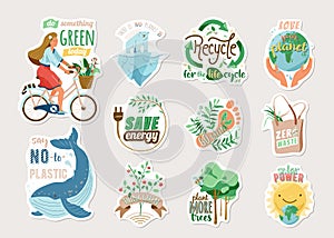 Ecology and recycle sticker set with save environment vector illustration and motivational quote text. Eco badges with