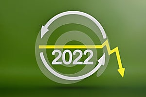 Ecology, recycling symbol 2022, white arrows form a circle. 3D image on a green background. Green products, green