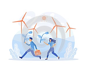 Ecology - Renewable energy, Solar panels, Wind turbines, Rain power. A young woman and a boy running