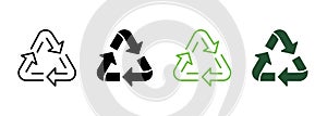 Ecology Reuse Triangle Arrow Line and Silhouette Icon Color Set. Organic Recycle Pictogram. Bio Recycling Natural Symbol