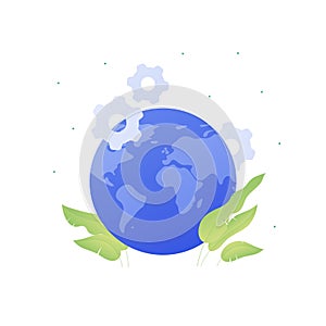 Ecology science planet logo concept. Vector flat llustration. Earth blue globe with gear wheel and green leaf sign isolated on