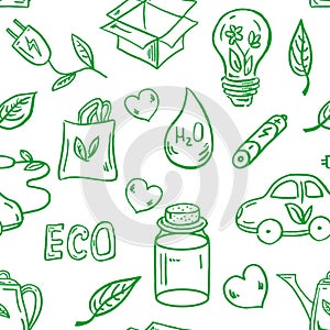 Ecology seamless pattern. Hand-drawn doodle vector illustration. Ecology problem, recycling and green energy icons. Environmental