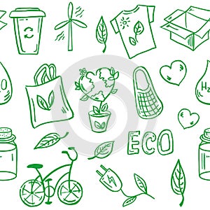 Ecology seamless pattern. Hand-drawn doodle vector illustration. Ecology problem, recycling and green energy icons. Environmental