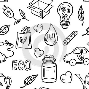 Ecology seamless pattern. Hand-drawn doodle vector illustration. Ecology problem, recycling and green energy icons. Environmental