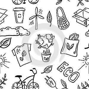 Ecology seamless pattern. Hand-drawn doodle vector illustration. Ecology problem, recycling and green energy icons. Environmental