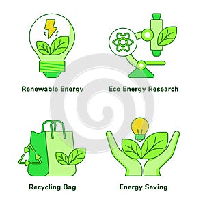 Ecology set collection renewable energy eco energy research recycling bag energy saving white isolated background with