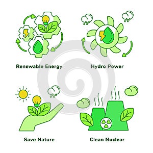 Ecology set collection renewable energy hydro power save nature clean nuclear white isolated background with green theme