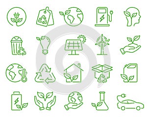 Ecology Solar, Wind, Water Electric Energy Linear Sign. Environment Care Line Icon Set. Clean Electricity Power Outline