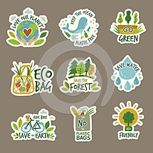 Ecology. Stickers with green planets eco environment friendly ecology save earth recent vector badges collection