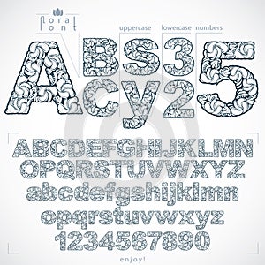 Ecology style flowery font and numbers, monochrome vector typeset made using natural ornament. Numeration from 0 to 9 and