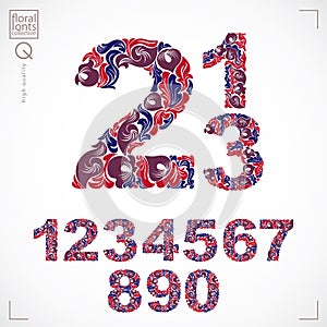 Ecology style flowery numbers, vector numeration made using natural ornament. Digits created with red autumn leaves and floral de