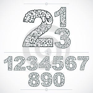 Ecology style flowery numbers, vector numeration made using natural ornament. Black and white digits created with spring leaves