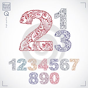 Ecology style flowery numbers, vector numeration made using natural ornament. Colorful digits created with spring leaves and