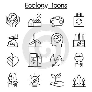 Ecology, Sustainable design, conservation, eco friendly design icon set in thin line style