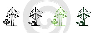 Ecology Windmill Line and Silhouette Icon Color Set. Eco Renewable Green Energy Pictogram. Wind Mill Farm Electric Power
