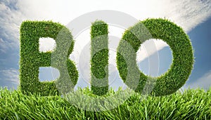 Ecology word BIO made of green grass, blue sky on backdrop. 3D render