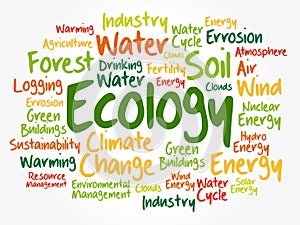 Ecology word cloud, conceptual collage background