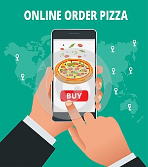 Ecommerce concept order food online website. Fast food pizza delivery online service.