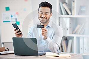 Ecommerce, credit card and businessman with laptop, smartphone technology making a digital payment on website software
