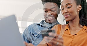 Ecommerce, credit card online shopping and couple on sofa with laptop. Computer, payment and smile, Black man and woman