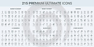 Ecommerce, cryptocurrency and money payment, data protection thin black line icons set