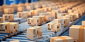 Ecommerce Fulfillment Center With Moving Packages On Conveyor Belt
