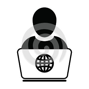 ECommerce icon vector person with laptop computer male user person profile avatar globe symbol for working online in a flat color