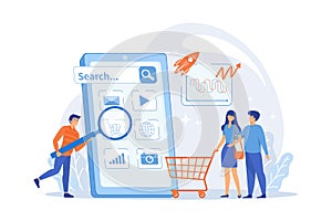 Ecommerce, internet shopping promotion campaign. Mobile media optimization, mobile SEO strategy,