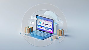 Ecommerce laptop setup with digital shopping platform UI