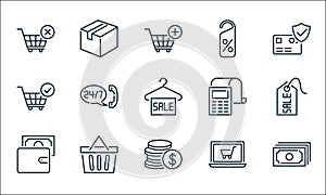 ecommerce line icons. linear set. quality vector line set such as money, dollar coins, wallet, online shopping, shopping basket,