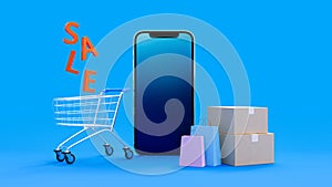 Ecommerce nnline sales with realistic shopping cart, smartphone, boxes. Shop at an online store. Discount banner design. Online