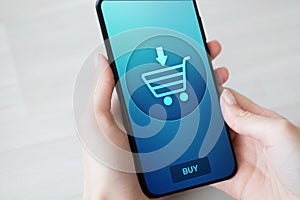 Ecommerce Online shopping on mobile phone screen.