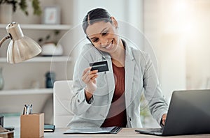 Ecommerce, online shopping and secure banking of happy woman reading credit card while talking on the phone and using