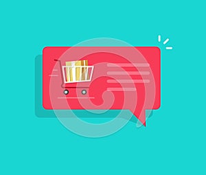 Ecommerce order notification message vector illustration, flat bubble speech with full shopping cart and text, concept